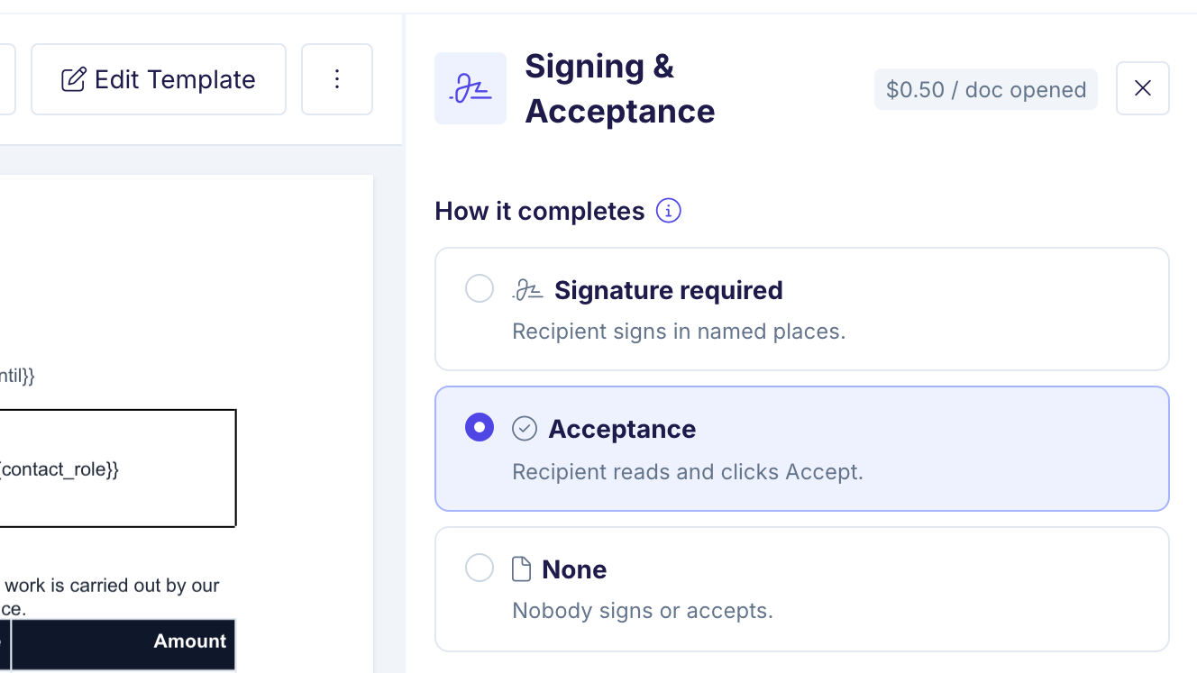 The Signing & Acceptance card with Acceptance selected under How it completes
