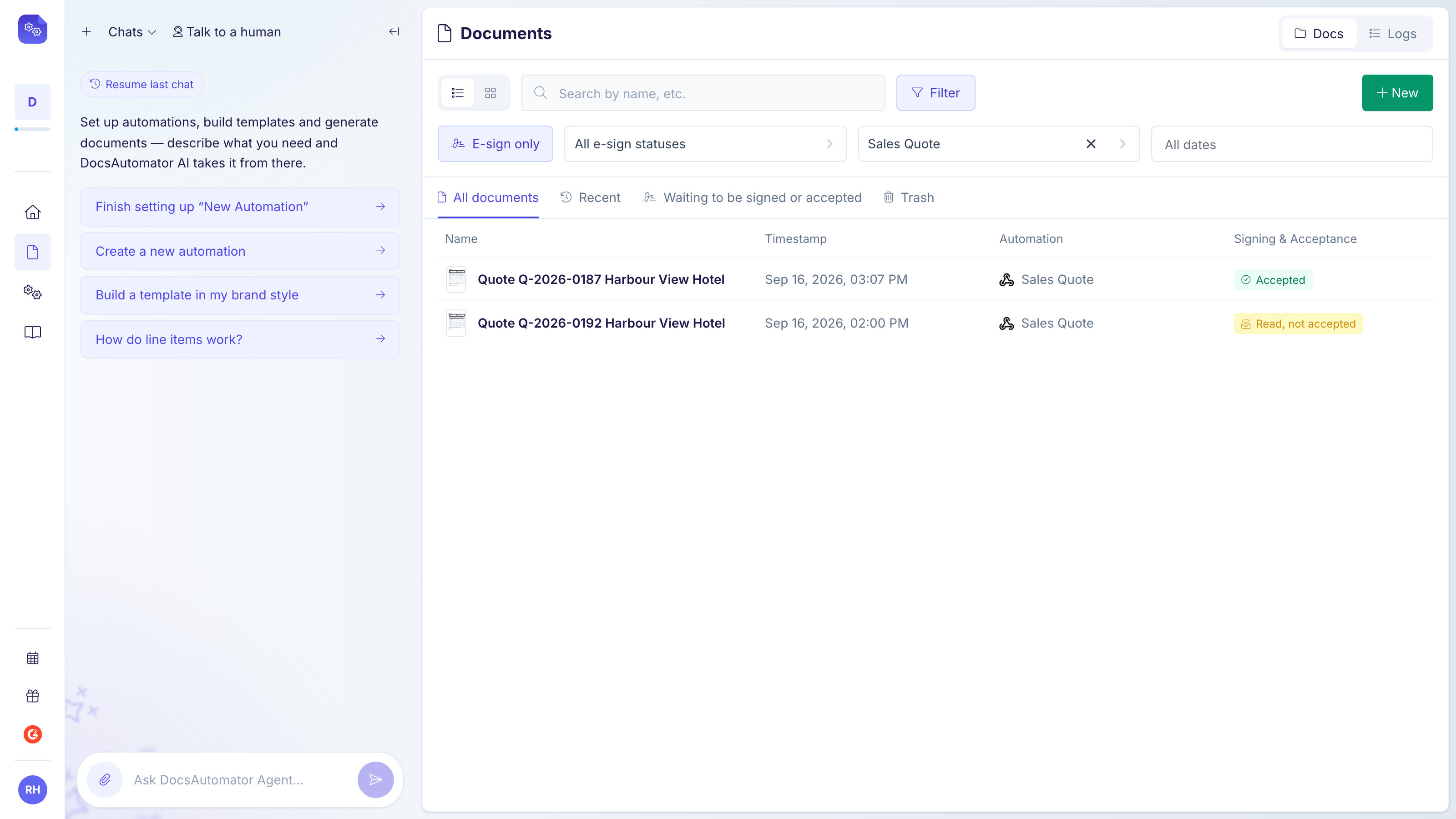 The Documents page with a Signing & Acceptance status for each document