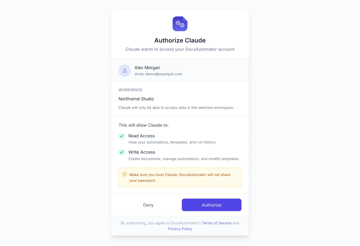 The DocsAutomator sign-in screen where you allow Claude to access your workspace