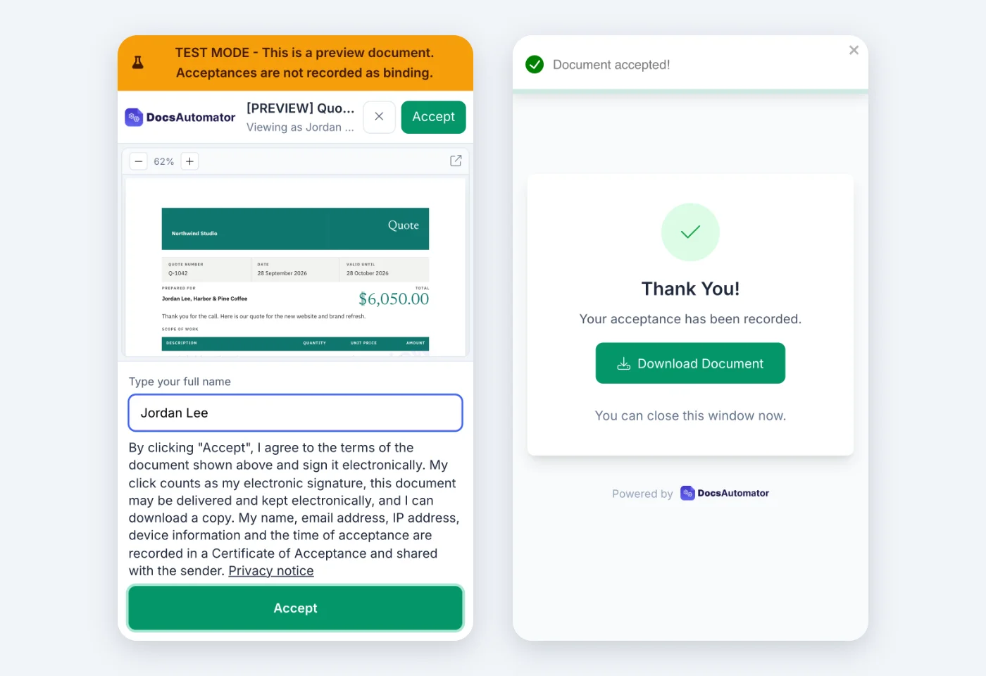 The acceptance page on a phone, before and after tapping Accept