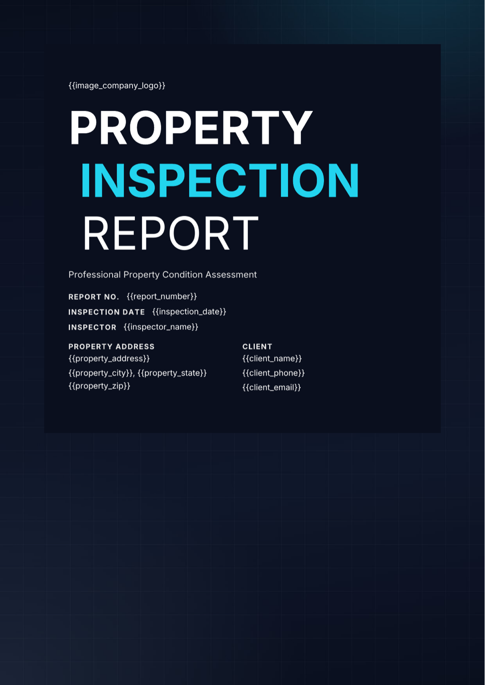 AI-generated property inspection report Word document template in the Dark Tech design style