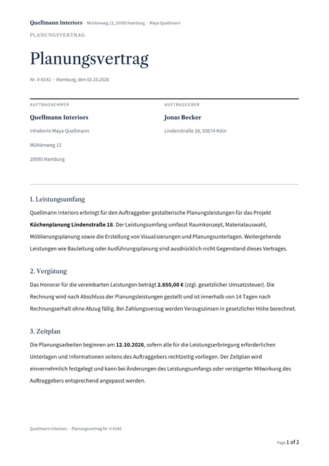 Erste Seite des unterschriebenen Planungsvertrags für Jonas Becker