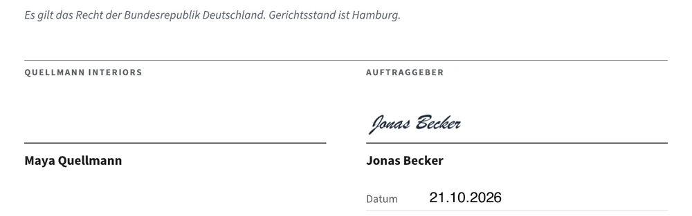 Unterschriftsbereich des Planungsvertrags, unterschrieben von Jonas Becker am 21.10.2026