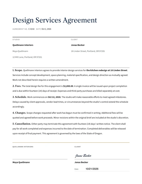 First page of the signed design services agreement for Jonas Becker