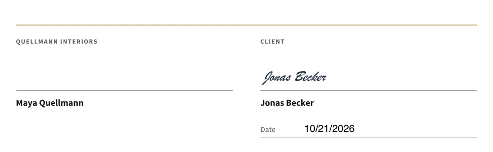 Signature block of the design services agreement, signed by Jonas Becker on 10/21/2026