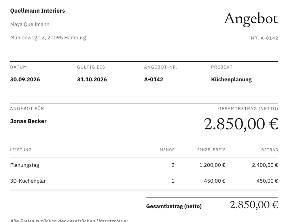 Dasselbe Angebot für Jonas Becker: Datum 30.09.2026, 2 Planungstage zu je 1.200,00 € und ein 3D-Küchenplan für 450,00 €, Gesamtbetrag 2.850,00 €