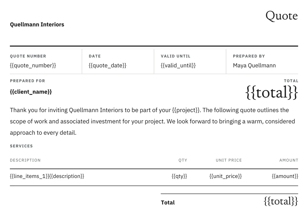 Quellmann Interiors quote template with placeholders such as {{client_name}}, {{quote_date}}, {{unit_price}} and {{total}}