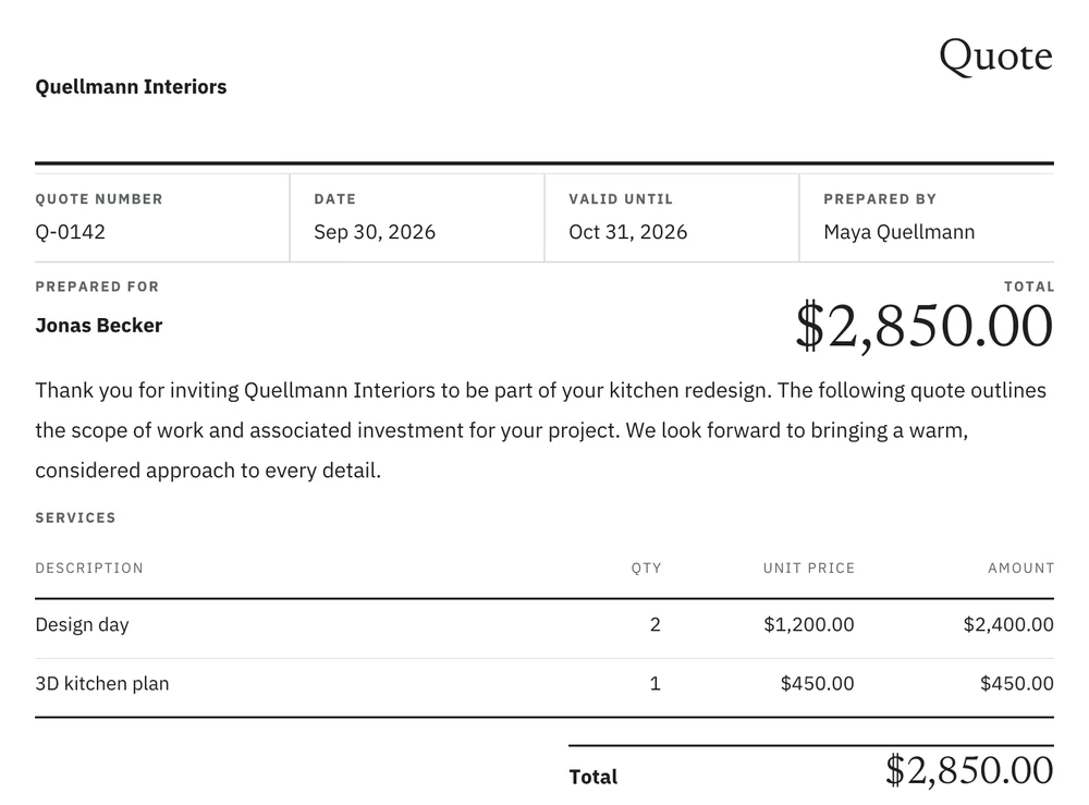 The same quote filled for Jonas Becker: dated Sep 30, 2026, 2 design days at $1,200.00 and a 3D kitchen plan at $450.00, total $2,850.00