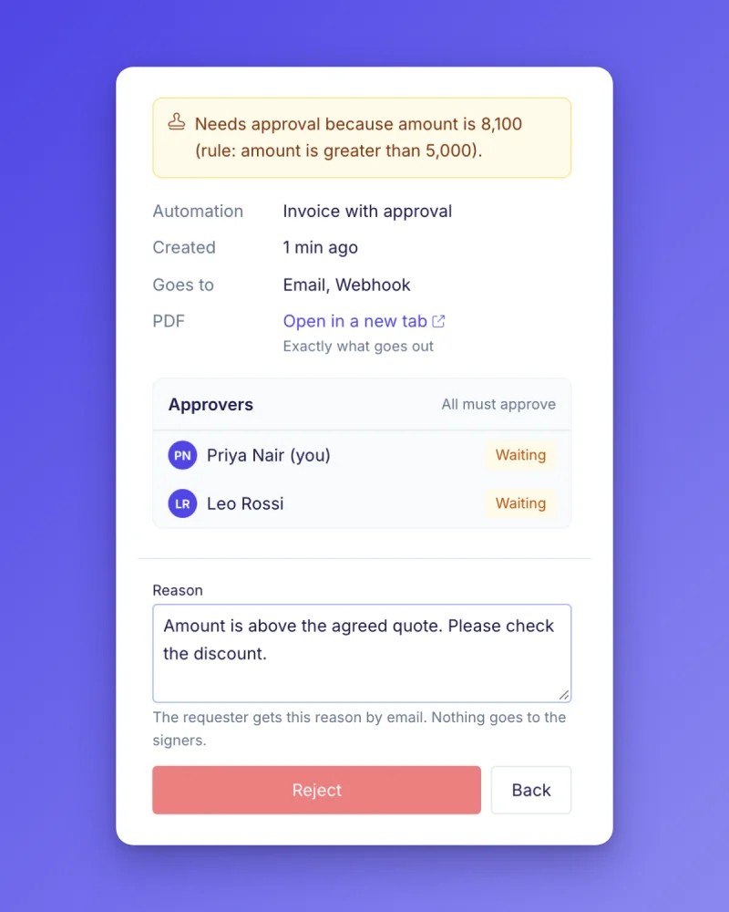 The reject form with a reason that the requester gets by email