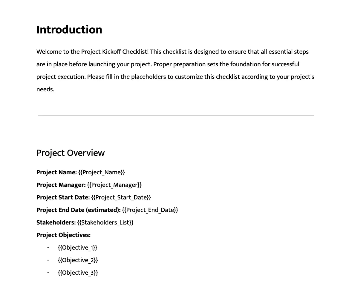 Project Kickoff Checklist Template by DocsAutomator showcasing document syntax