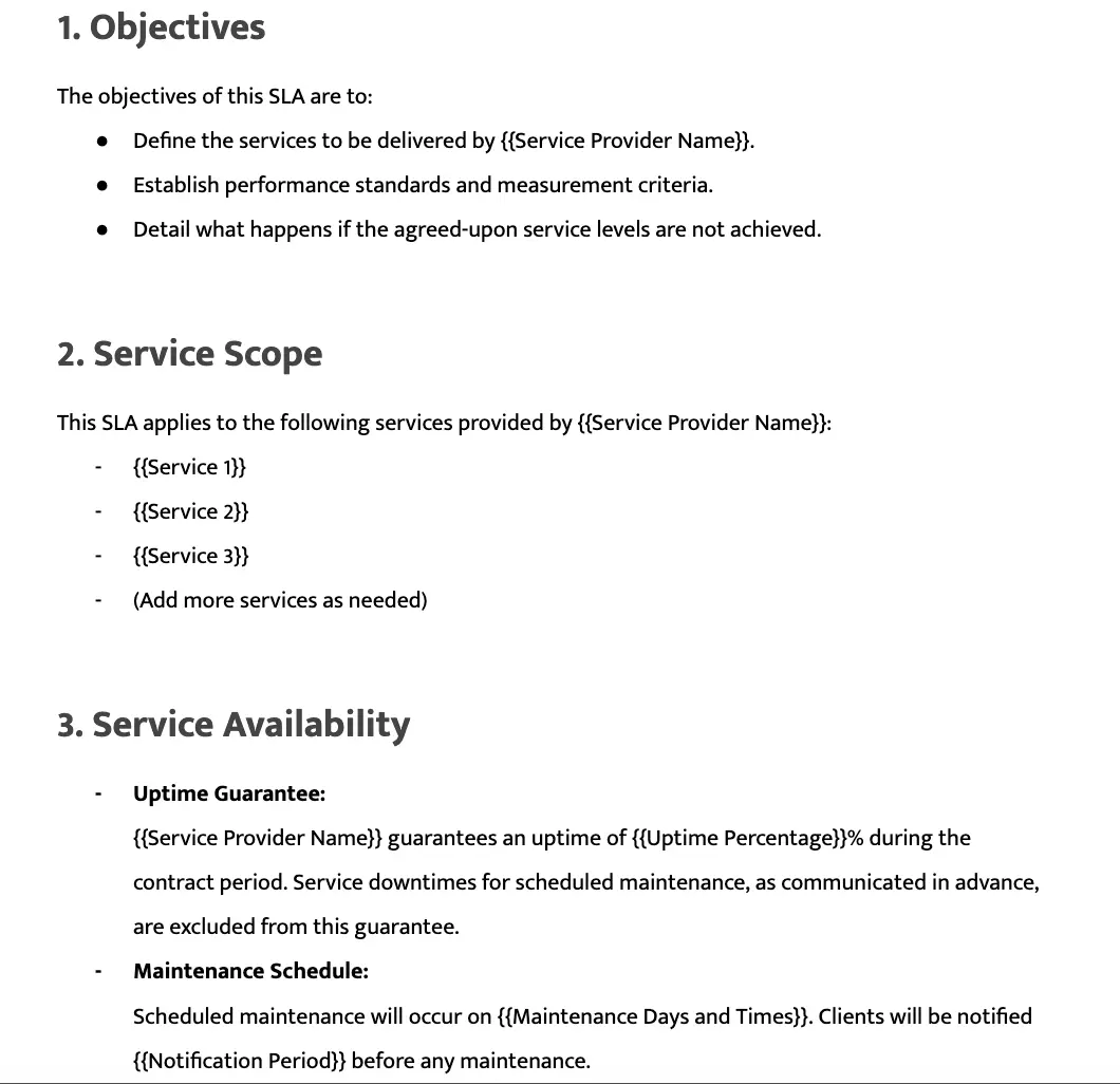 Service Legal Agreement Template by DocsAutomator showcasing document syntax