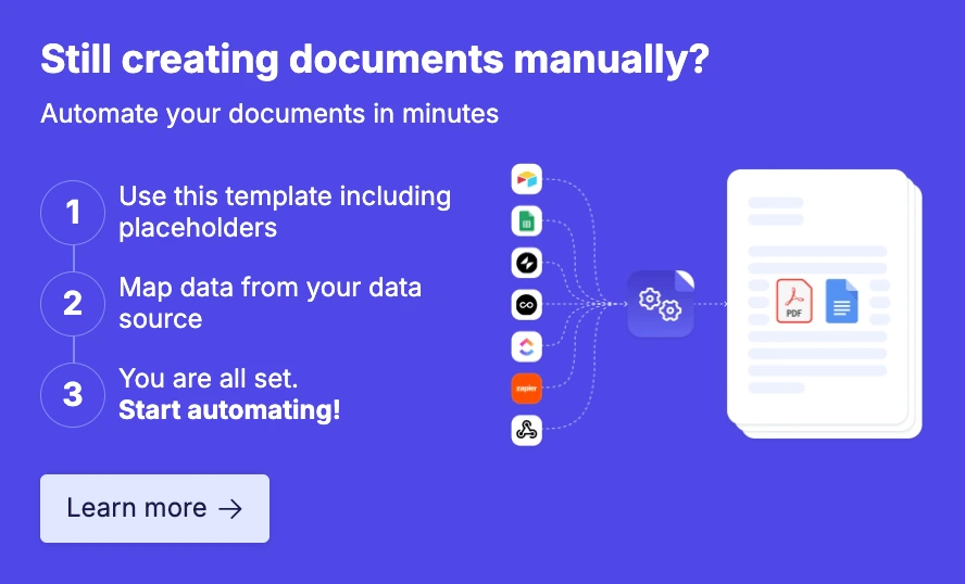 Image shows 3 steps to document creation automation for client reporting using DocsAutomator via placeholders, mapping of data, and publishing the automation.