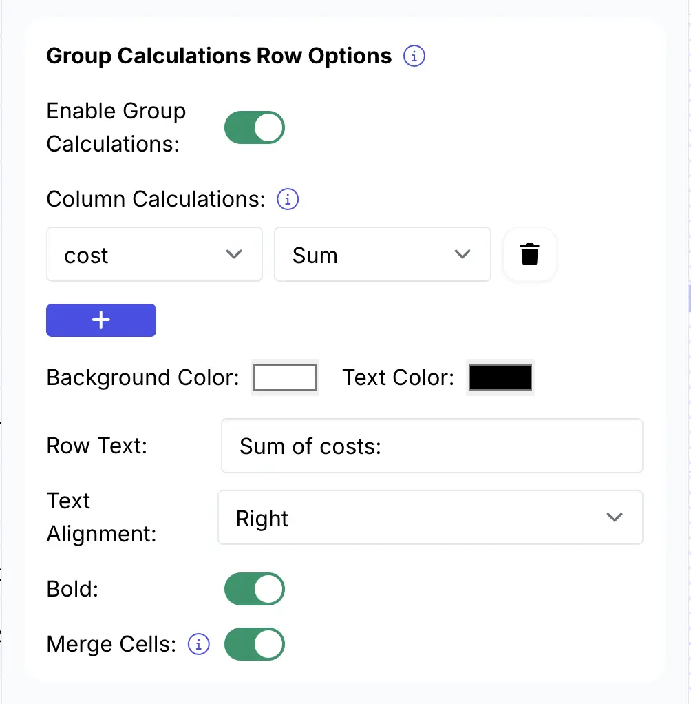 Image shows settings panel to configure group calculations along with options to change colors and text alignment in DocsAutomator