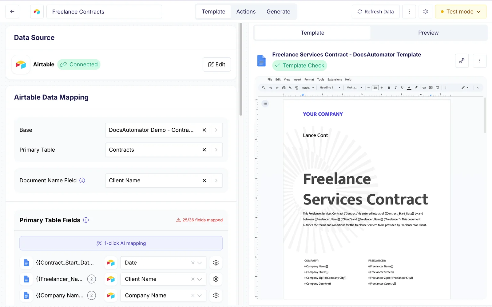 Airtable field mapping interface in DocsAutomator linking record fields to contract placeholders