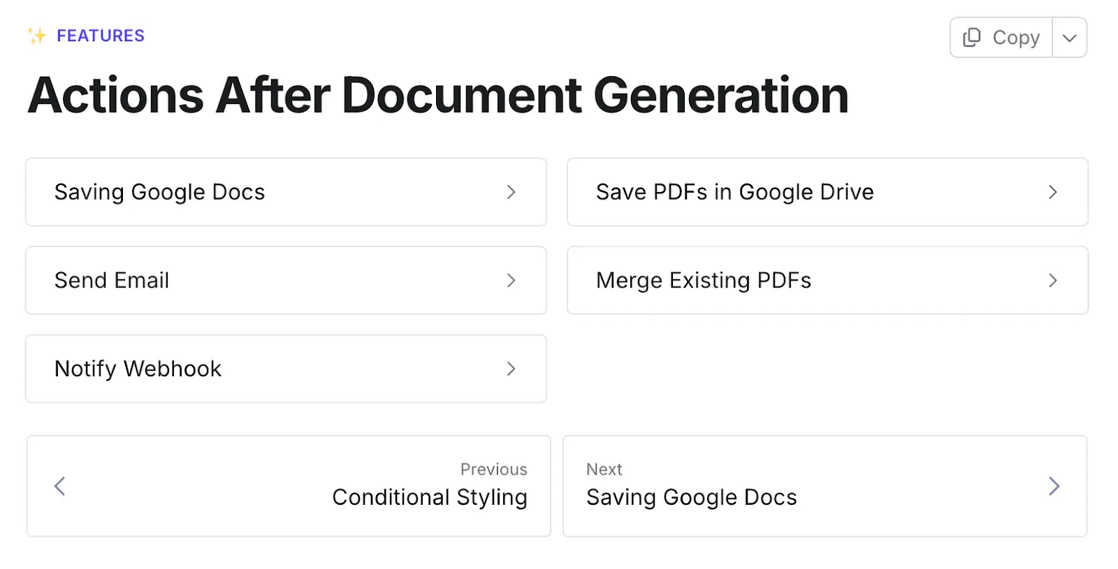 Image shows available options for taking action after document generation on DocsAutomator