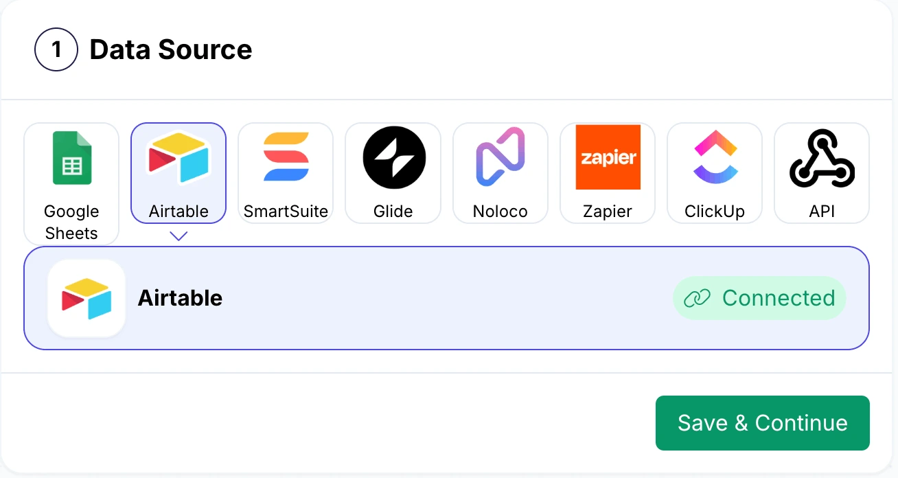 Image is a screenshot of data sources panel inside DocsAutomator showcasing 8 data sources, including API, Zapier, ClickUp, Airtable, and more.