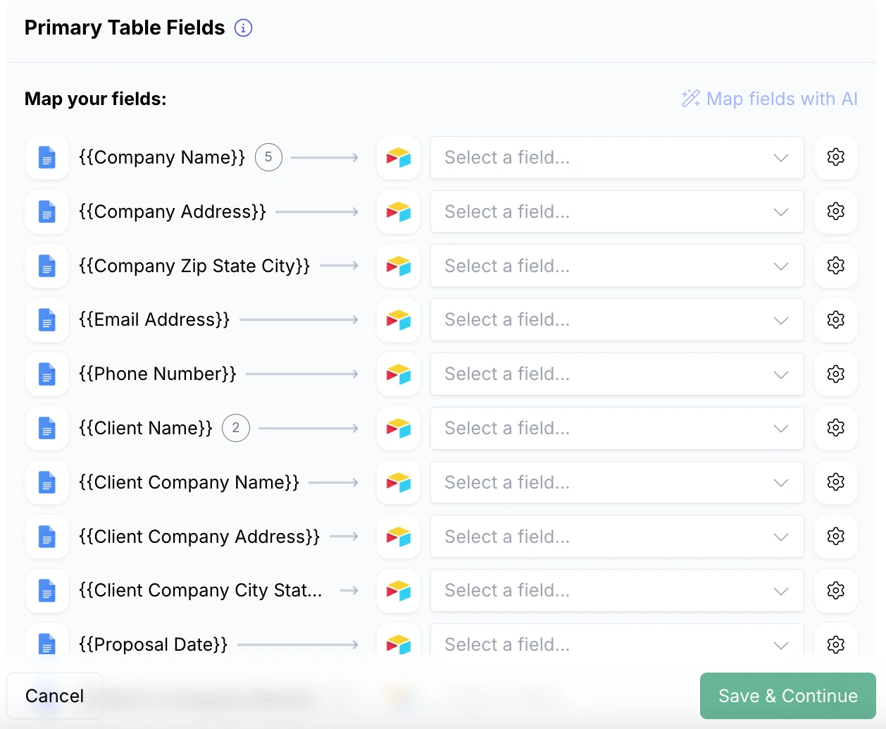 Image shows how to map primary table fields of your Airtable base to placeholders defined in DocsAutomator Google Doc template