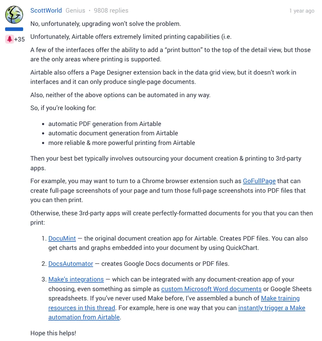 Image is a screenshot of a forum post highlighting the issue with Airtable Interface Designer tool for reporting use cases.
