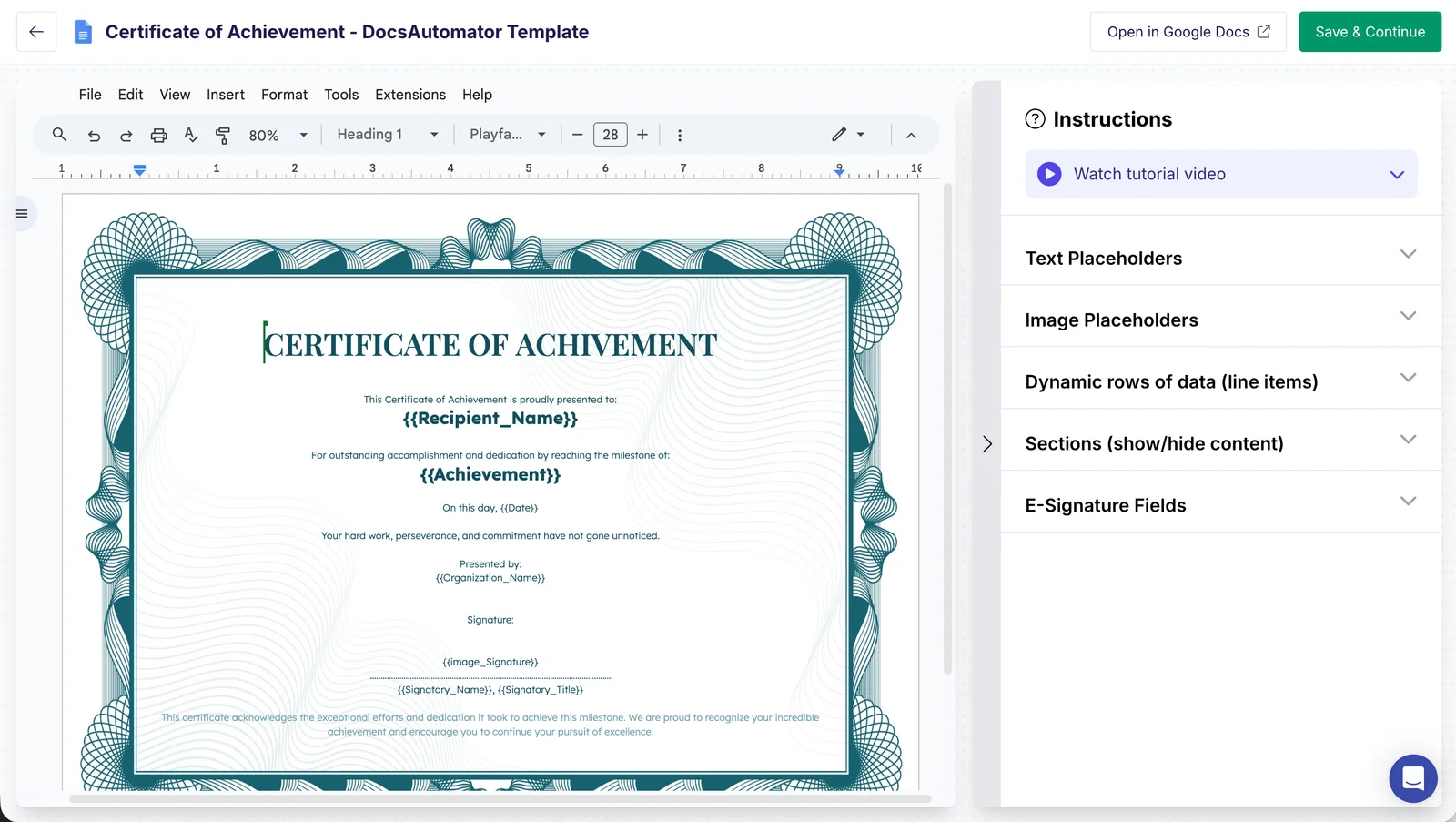 Certificate template with placeholders in Google Docs