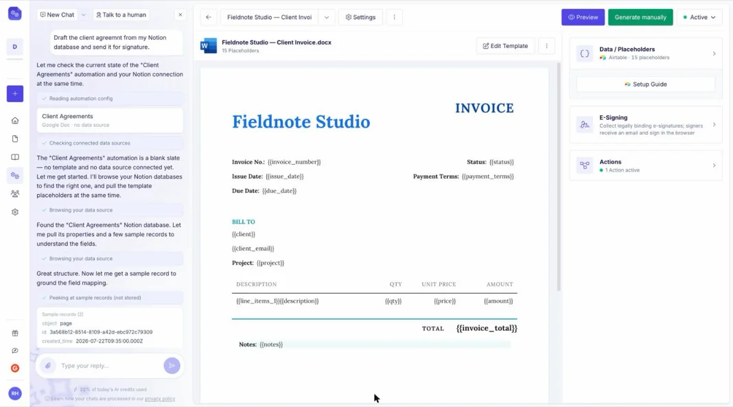 The DocsAutomator AI Agent building a document automation from a single sentence
