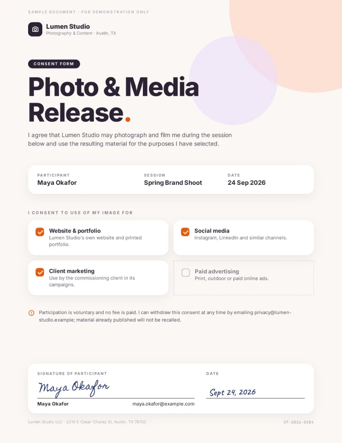 Photo and media release consent form