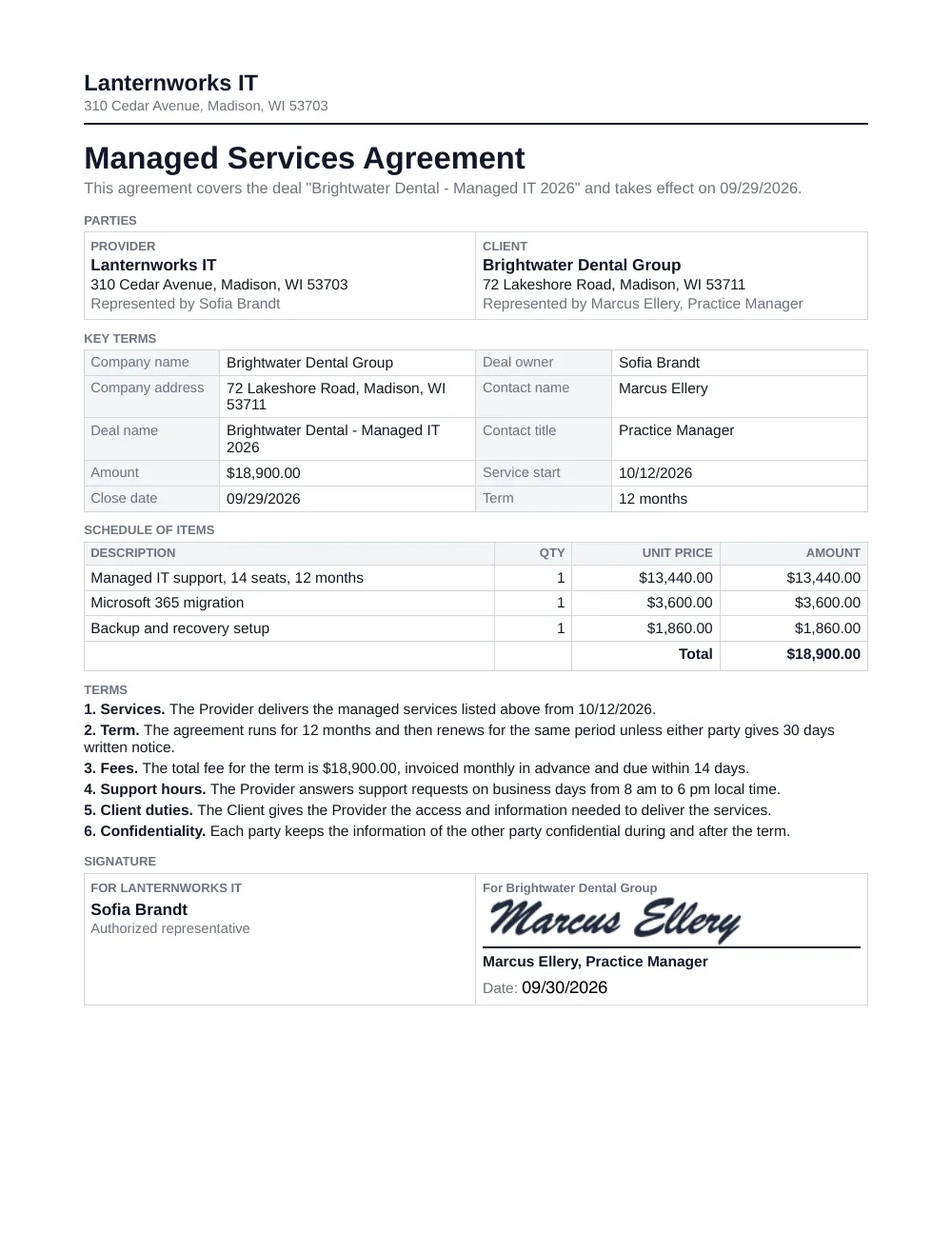 The finished managed services agreement, filled with example data and signed
