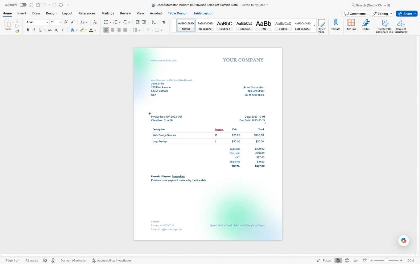 A Word template with DocsAutomator placeholders
